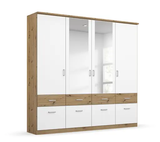Drehtürenschrank ROYAN- B ca. 181 cm, Eiche Dekor, Weiß, Spiegel