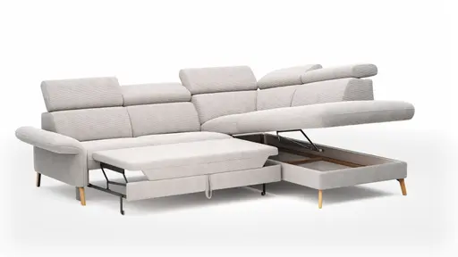 Sofa Maryville - 2,5-Sitzer mit Eckelement und Abschlussteil medium rechts, inkl. Schlaffunktion, Stauraum, Armlehne/Kopfteil verstellbar, Stoff, Beige