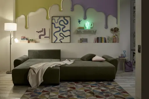 Ecksofa - Longchair links mit 2-Sitzer, Schlaffunktion mit Bettkasten, Stoff, Moos