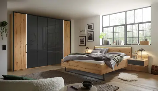 Drehtürenschrank - B. ca. 306,4 cm, inkl. Beleuchtung, Kernholzfurnier, Glas, Graphit