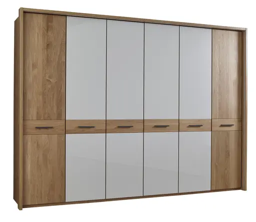 Drehtürenschrank Lenoso - B. ca. 306 cm, Eiche massiv, Glas, Champagner
