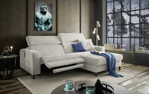 Ecksofa JANKO - 1-Sitzer mit Longchair rechts, Relaxfunktion motorisch, Stoff, Beige