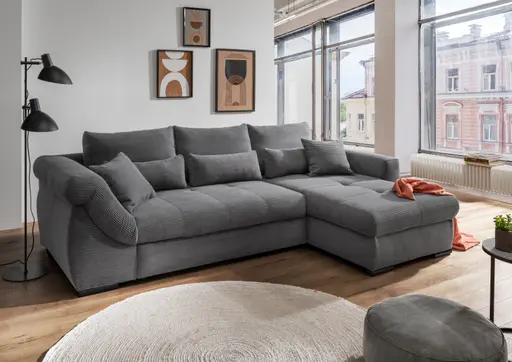 Ecksofa - 2-Sitzer mit Longchair rechts, Schlaffunktion, Cord, Grau
