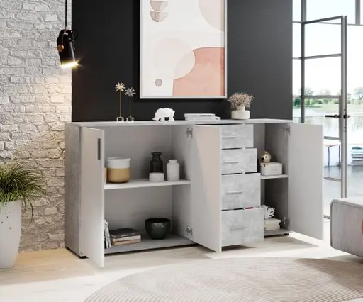 Kommode - B ca. 160 cm, Betonoptik, Weiß