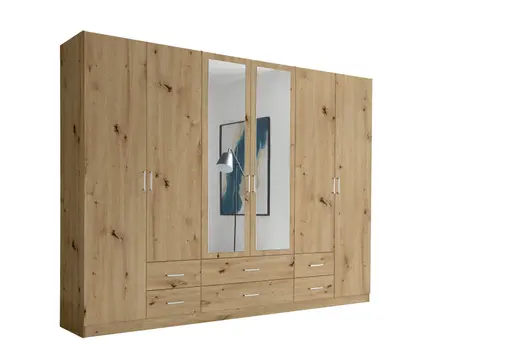 Drehtürenschrank- B ca. 271 cm, Eiche Dekor, Spiegel