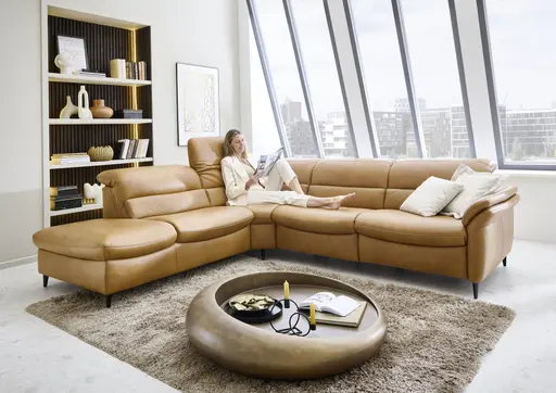 Ecksofa - Ecke links mit 2,5-Sitzer, Kopfteil verstellbar, Leder, Hellbraun