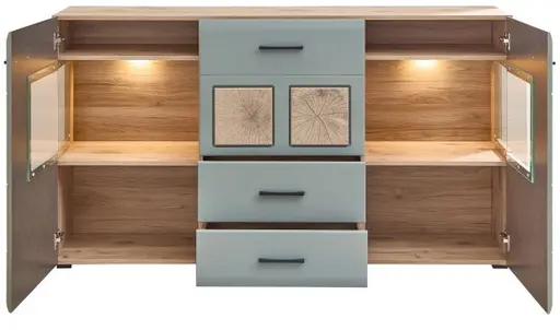 Sideboard - B ca. 170 cm, mit Beleuchtung, Schilfgrün, Viking Eiche Nachbildung