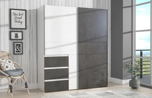 Schwebetürenschrank FJOLLA - B ca. 170,3 cm, Weiß, Betonoptik Dunkelgrau