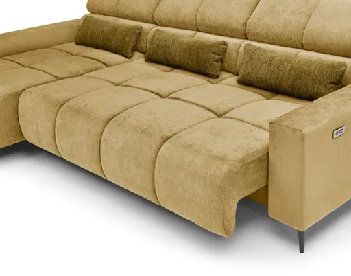 Ecksofa - Longchair links mit 2-Sizer, Sitztiefe verstellbar motorisch/Kopfteil verstellbar, Stoff, Senfgelb