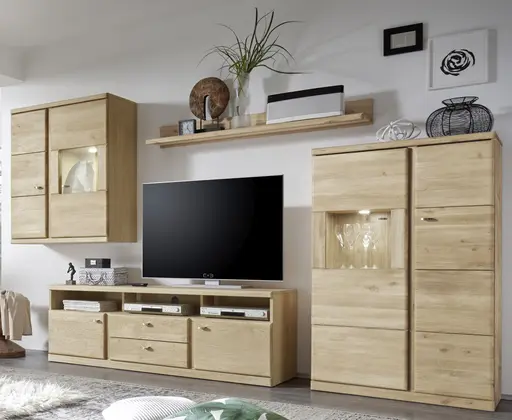 Wohnwand - mit Beleuchtung, Wildeiche Bianco, Teilmassiv