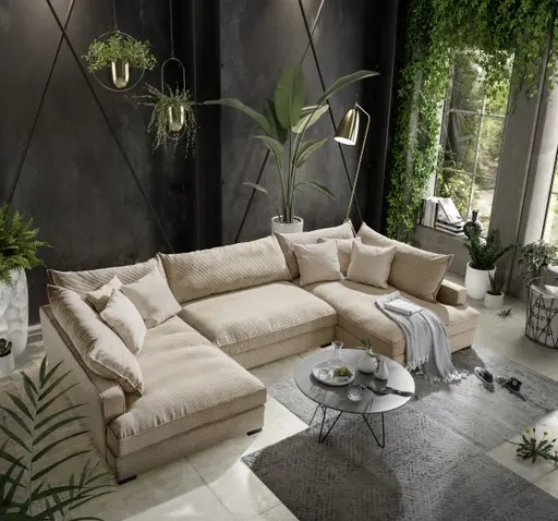 Wohnlandschaft - Longchair links, 2-Sitzer, Ecke rechts, Stoff, Beige