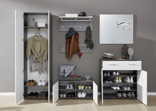 Garderobenschrank - Weiß Hochglanz, Grau