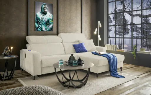 Ecksofa JANKO - 1-Sitzer mit Longchair rechts, Relaxfunktion motorisch, Stoff, Hellbeige