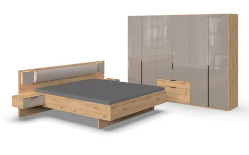 Drehtürenschrank WANJA- B ca. 135 cm, Eiche Dekor, Glas, Saharagrau