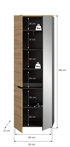 Garderobenschrank - B ca. 65 cm, Basalt grau, Artisan Eiche Nachbildung, Spiegel