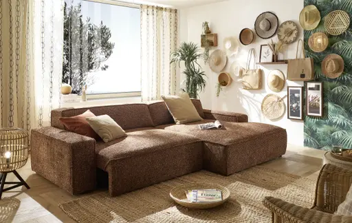Ecksofa - 2-Sitzer mit Longchair rechts, Sitzvorzug motorisch, Stoff, Rostbraun