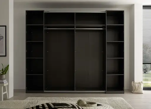 Schwebe- Drehtürenschrank - B. ca. 267 cm, Grauglas, Graphit