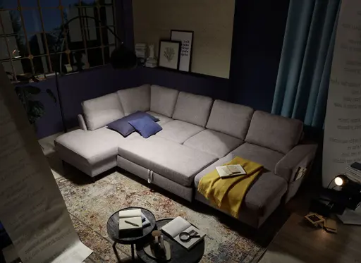Wohnlandschaft - Ecke links mit 2-Sitzer und Longchair rechts, Stoff, Mocca