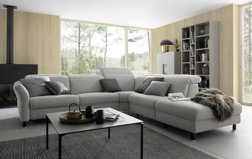 Ecksofa Rafaela - 2,5-Sitzer, Ecke rechts, Kopfteil verstellbar (manuell), Webstoff, Ecru