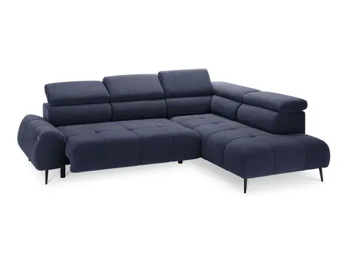 Ecksofa - 2-Sitzer mit Ecke rechts, Sitzvorzug motorisch, Kopfteil verstellbar, Stoff, Dunkelblau