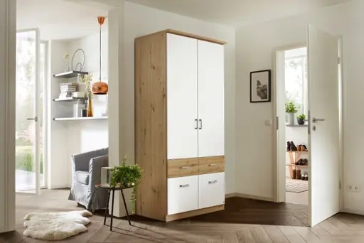 Drehtürenschrank ROYAN- B ca. 91 cm, Eiche Dekor, Weiß