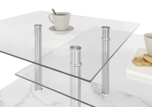 Couchtisch - LB ca. 110x60 cm, Glas, Edelstahloptik, Weiß marmoriert