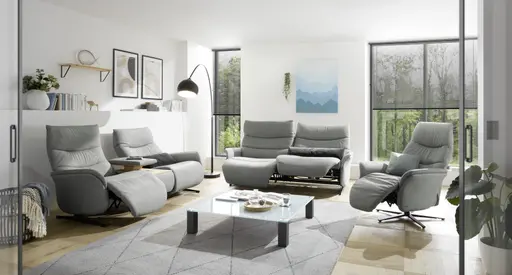 Sofa EM Lun - 2,5-Sitzer, Tisch mit Kissen, Relaxfunktion, Kopfteilverstellung, Leder, grau