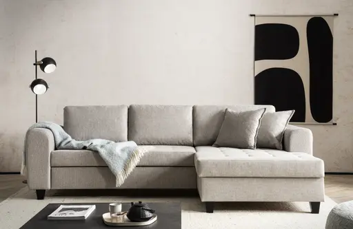 Ecksofa - 2-Sitzer, Ecke rechts inkl. Schlaffunktion mit Bettkasten, Stoff, Steingrau