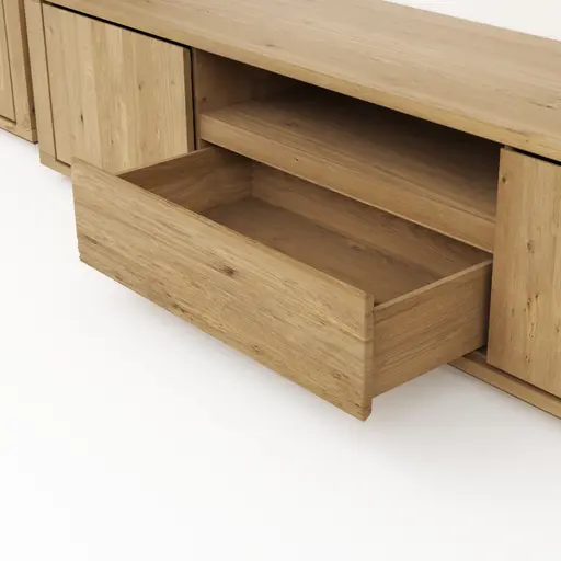 Wohnwand Bakersfield - inkl. Beleuchtung, sichtbare Rückwände mit Holzschindeln/Schubladenfront mit Schroppung, Asteiche massiv, geölt