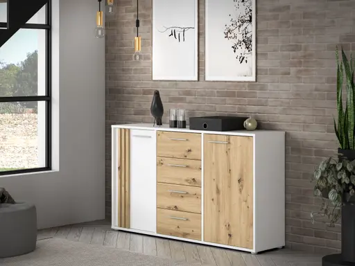 Sideboard FLORISS- Weiß, Eiche Dekor