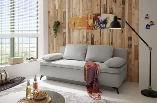 Funktionssofa - JUNNIS - Schlaffunktion mit Bettkasten, Stoff, Hellbeige