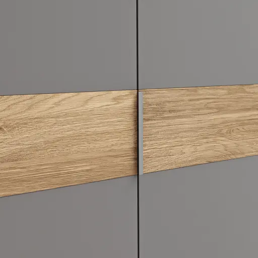 Drehtürenschrank Viana - B ca. 303 cm, Lack, Steingrau, Riffholz, Wildeiche