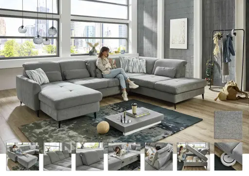 Wohnlandschaft - Longchair links mit 2,5-Sitzer und Ecke rechts, Sitztiefe verstellbar, Stoff, Grau