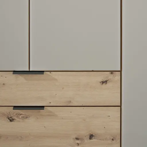 Drehtürenschrank WANJA- B ca. 135 cm, Eiche Dekor, Glas, Saharagrau