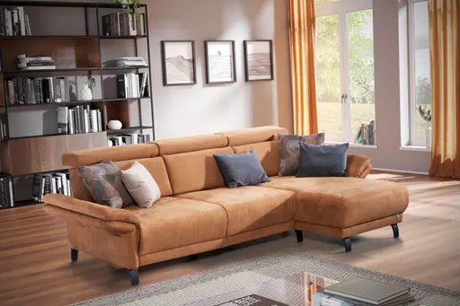 Ecksofa - 2-Sitzer mit Longchair rechts, Sitztiefe verstellbar, Stoff, Tabakbraun