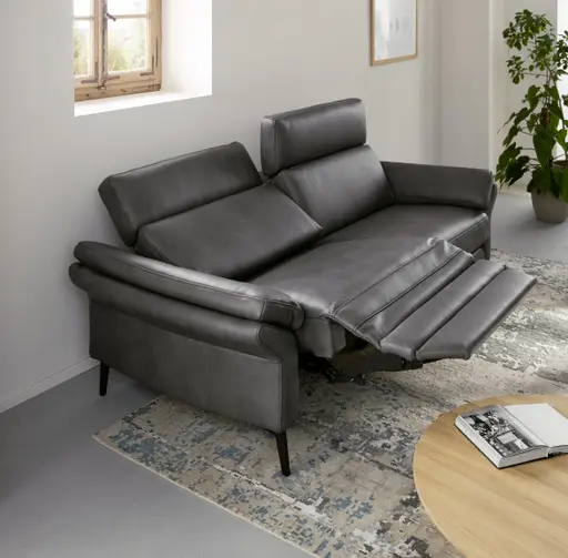 Sofa Atella - 3-Sitzer inkl. motorischer Relax- und Kopfteilverstellung, Leder, Anthrazit