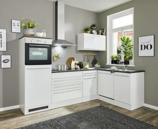 Küchenblock Eck- Inkl. E-Geräte, B ca. 260 cm, Weiß Matt, Weiß Hochglanz