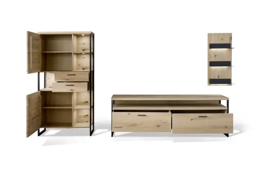 Wohnwand - mit Beleuchtung, Balkeneiche massiv