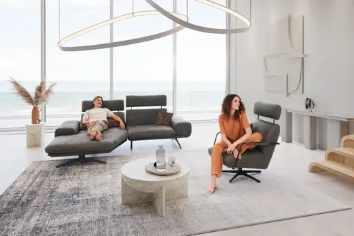 Ecksofa - Longchair links mit 1-Sitzer, Kopfstütze/Rückenlehne verstellbar, Stoff, Anthrazit