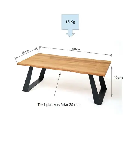 Couchtisch - LB ca. 110x60 cm, Wildeiche massiv geölt, Baumkante, Schwarz