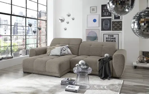 Ecksofa - Longchair links mit 2-Sitzer, Kopfteil verstellbar, Sitztiefe verstellbar motorisch, Stoff, Steingrau