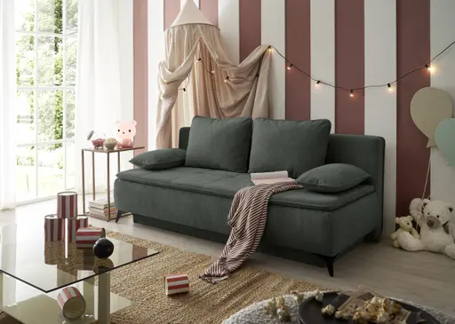 Sofa JANIN - 2-Sitzer, Schlaffunktion mit Bettkasten, Stoff, Dunkelgrün