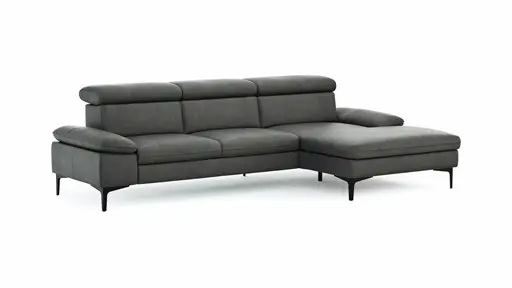 Ecksofa Felipa - 2,5-Sitzer mit Longchair rechts inkl. Kopfteil verstellbar, Leder, Grau