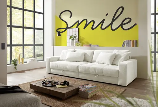 Big-Sofa Jella - 2-Sitzer, Schlaffunktion mit Bettkasten, Stoff, Beige