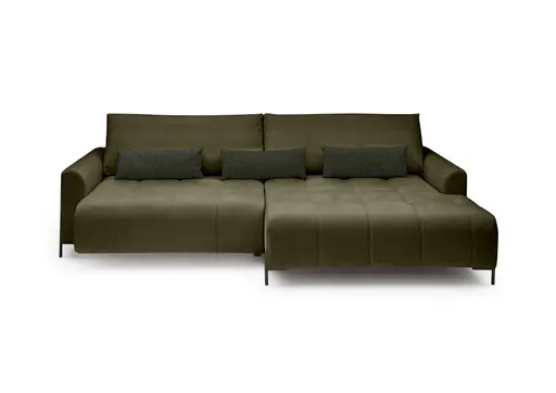 Ecksofa - 2-Sitzer mit Longchair rechts, Sitztiefe verstellbar motorisch, Stoff, Dunkelgrün