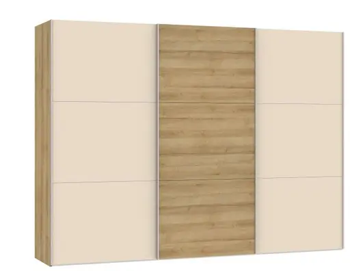 Schwebetürenschrank JOIN IT- B ca. 303 cm, Eiche Dekor, Glas, Creme