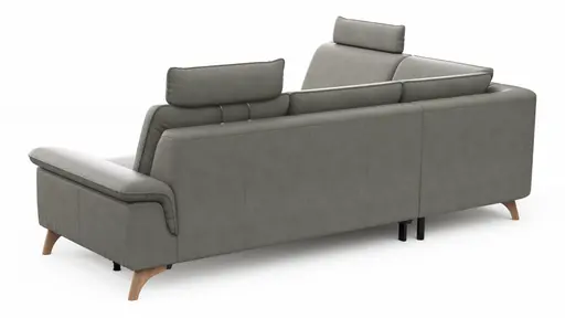 Ecksofa Tulsa KS - 1,5-Sitzer mit Anstellhocker aufklappbar links, Spitzecke und 2,5-Sitzer rechts, inkl. Kopfstütze, AL verstellbar und Schlaffunktion, Leder, Graubeige