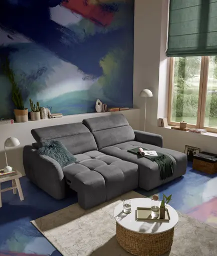 Ecksofa MADAN - 1,5-Sitzer mit Longchair rechts, Sitztiefe verstellbar motorisch, Kopfteil verstellbar, Stoff, Graphite
