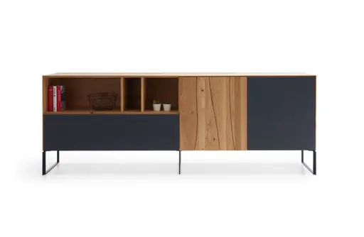 Sideboard Mileto - Asteiche massiv, Natur geölt, Glas, Schwarzgrau