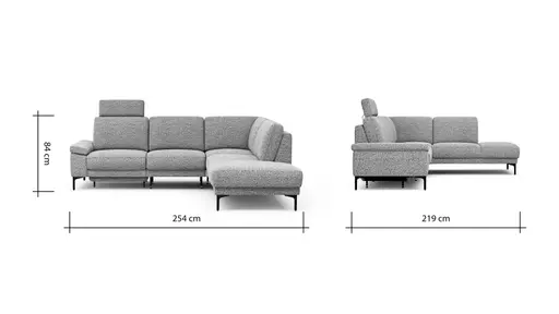 Ecksofa Matero - 2-Sitzer mit Ecke rechts inkl. Relaxfunktion motorisch und Sitzvorzug, Stoff, Graubeige